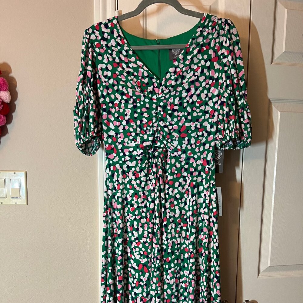 NWT Women's Vince Camuto Green Printed Midi Dress - Puff Sleeve - Size 8